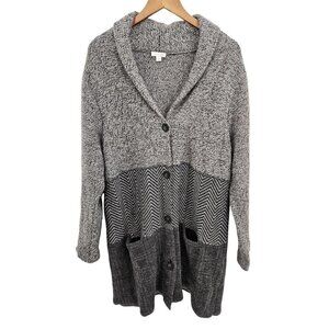J Jill Long Button Front Cardigan Womens XL Herringbone Grey Wool Blend Pockets